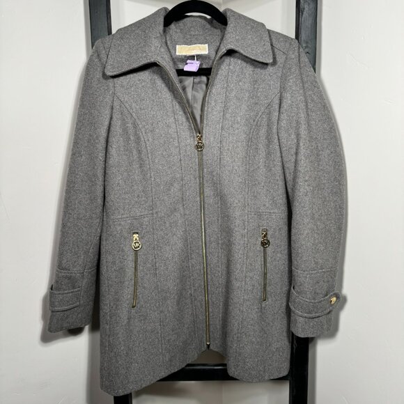 Michael Kors Gray Wool Blend Zip-Up Coat with Gold Hardware - Picture 1 of 12